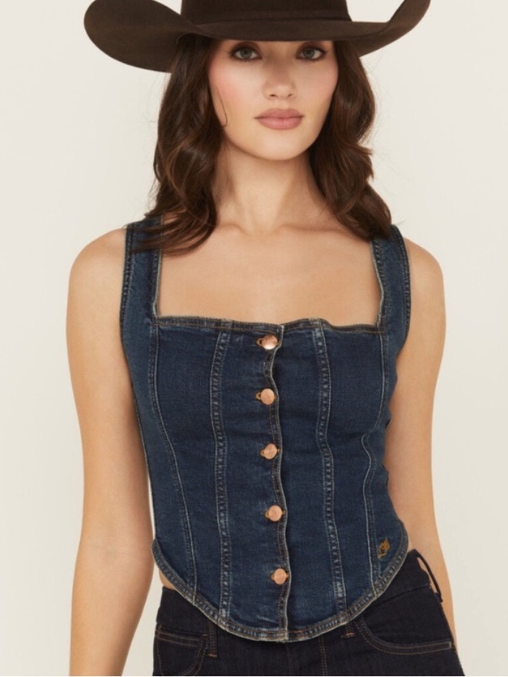 WRANGLER X LAINEY WILSON WOMEN'S PONY UP BUTTON-DOWN BUSTIER DENIM TOP